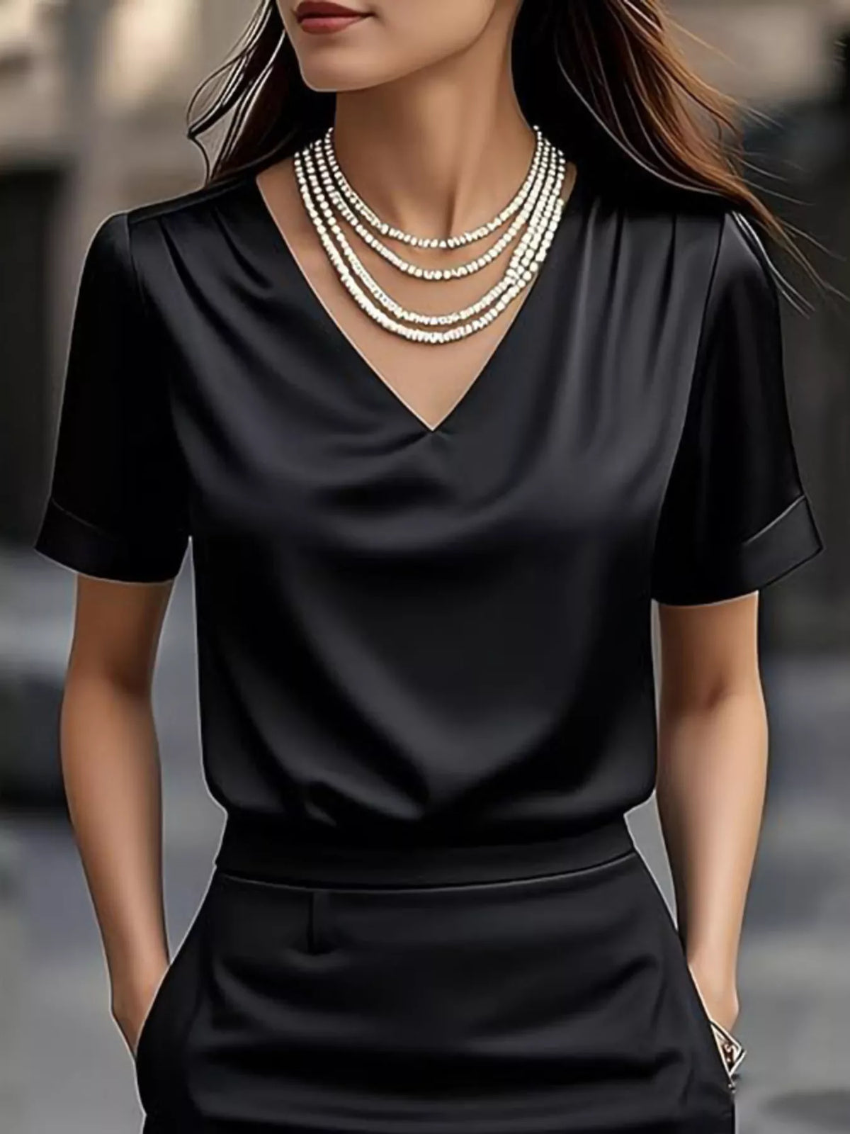 Satin v neck short sleeve blouse full length view
