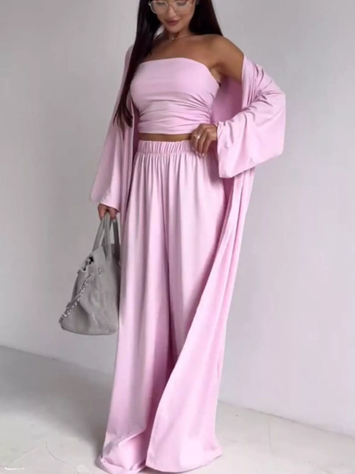 Coordinated tube top cardigan and pants full length