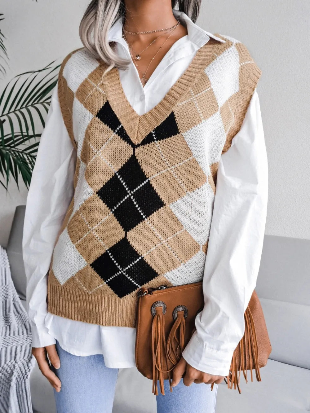 Plaid V Neck Sweater Vest in Khaki