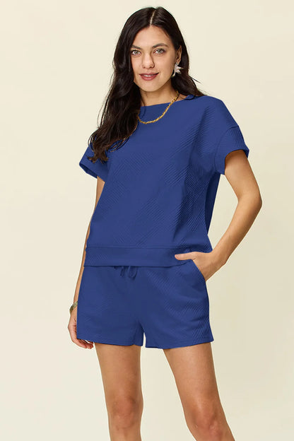 Double Take Full Size Texture Short Sleeve T-Shirt and Drawstring Shorts Set Royal Blue - Fashorio