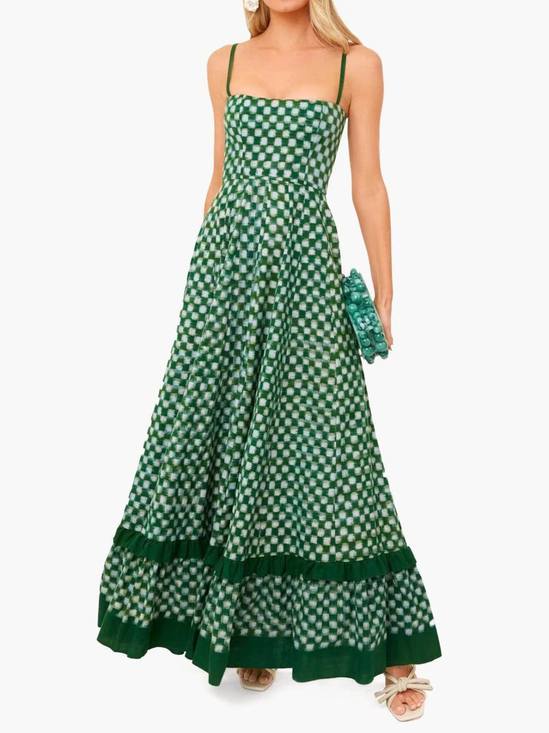Green checkered spaghetti strap maxi dress front view
