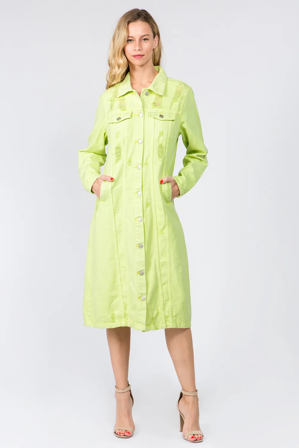 Distressed Denim Button Up Dress in Lime