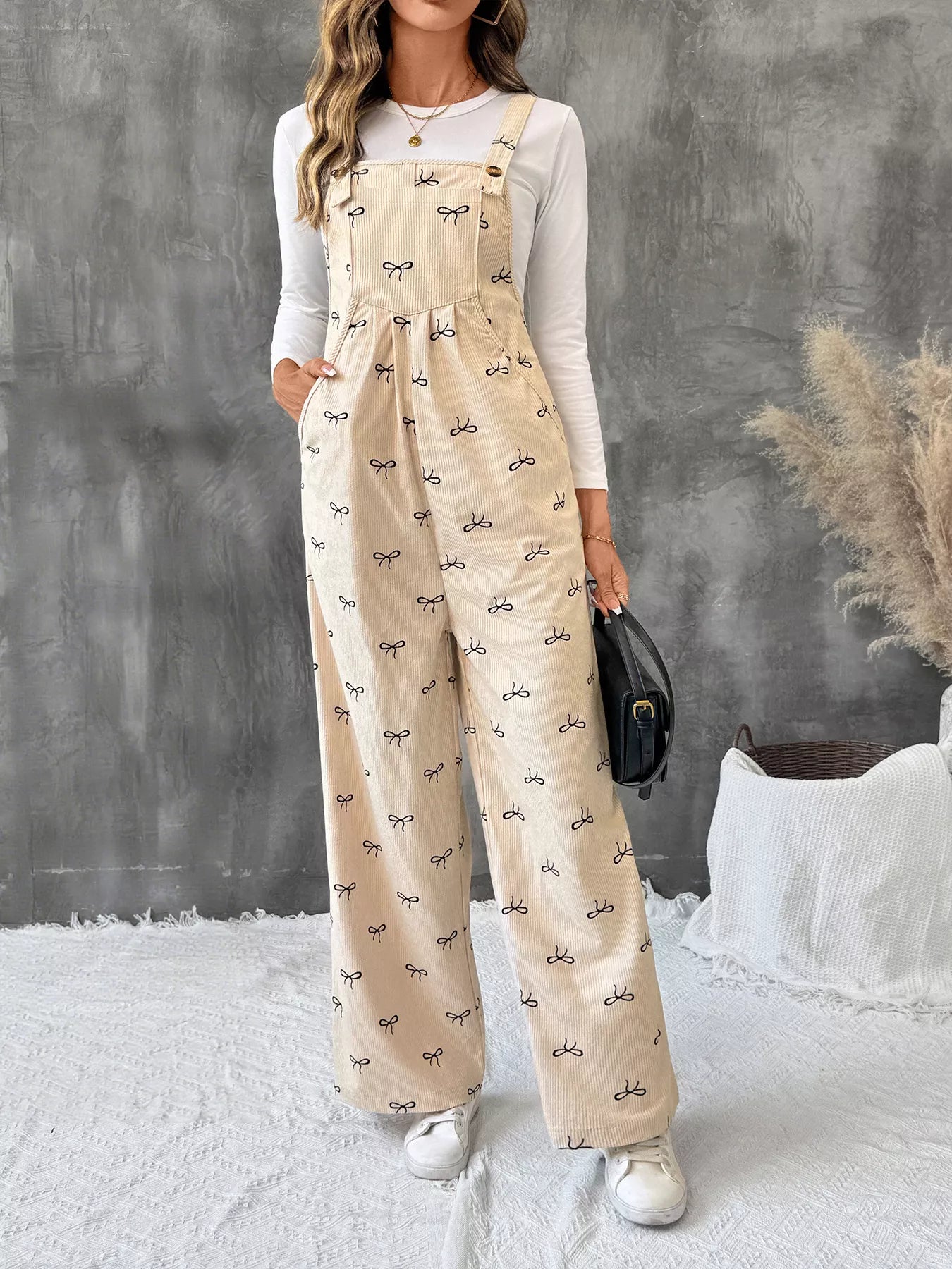 Bow Wide Leg Corduroy Overalls - Fashorio
