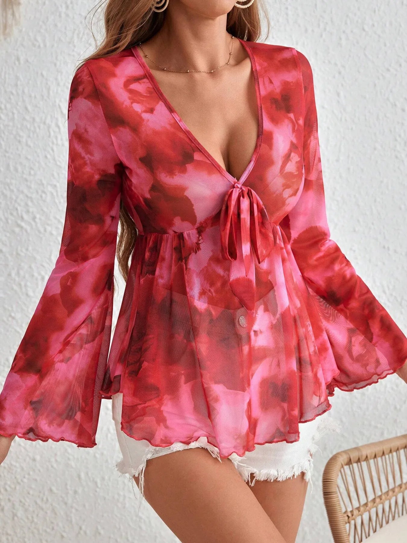 Tie-Front Flare Sleeve Blouse Strawberry - Fashorio