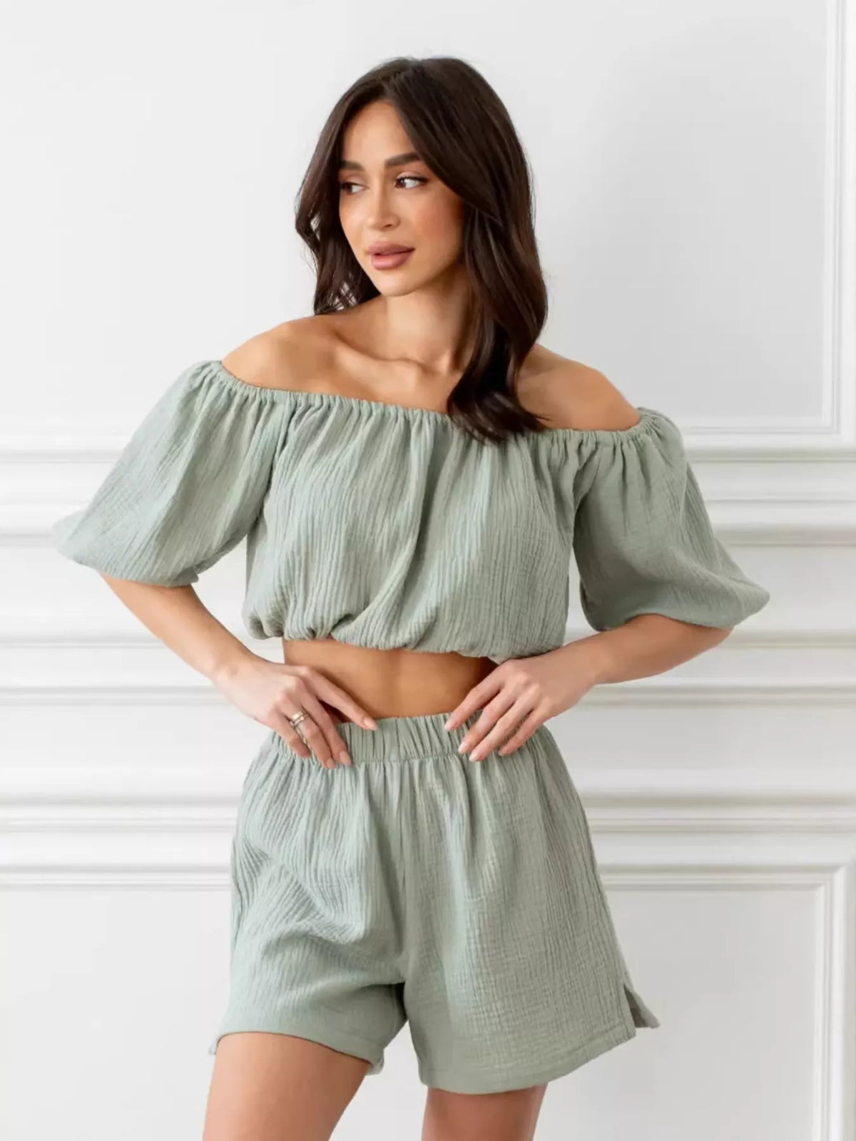 Off shoulder cropped top and shorts set front view