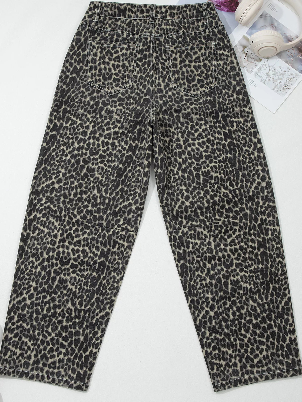 Close up of leopard print denim fabric