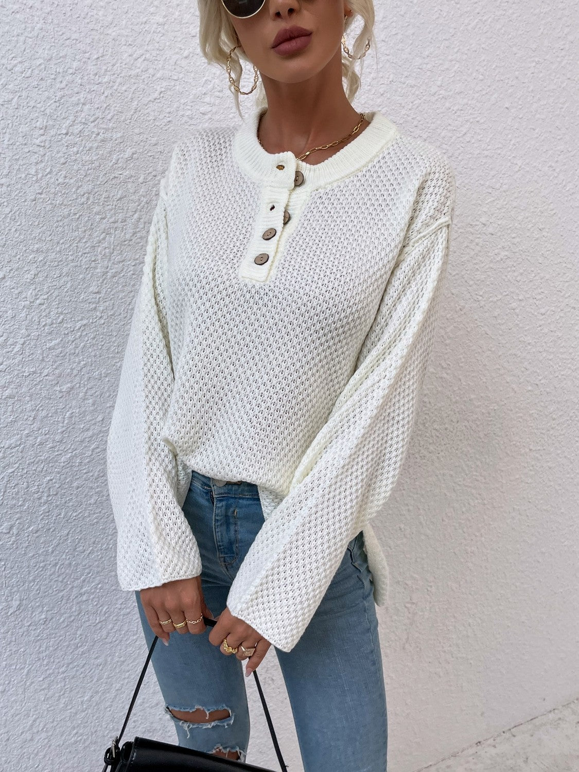 Quarter-Button Slit Sweater White - Fashorio