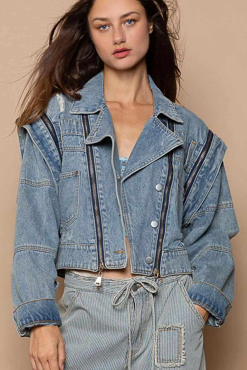 Cropped Zip Front Denim Jacket in Dusty Blue
