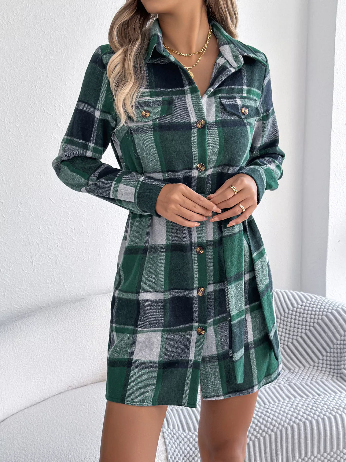 Plaid Tie Waist Shirt Dress in Green detail