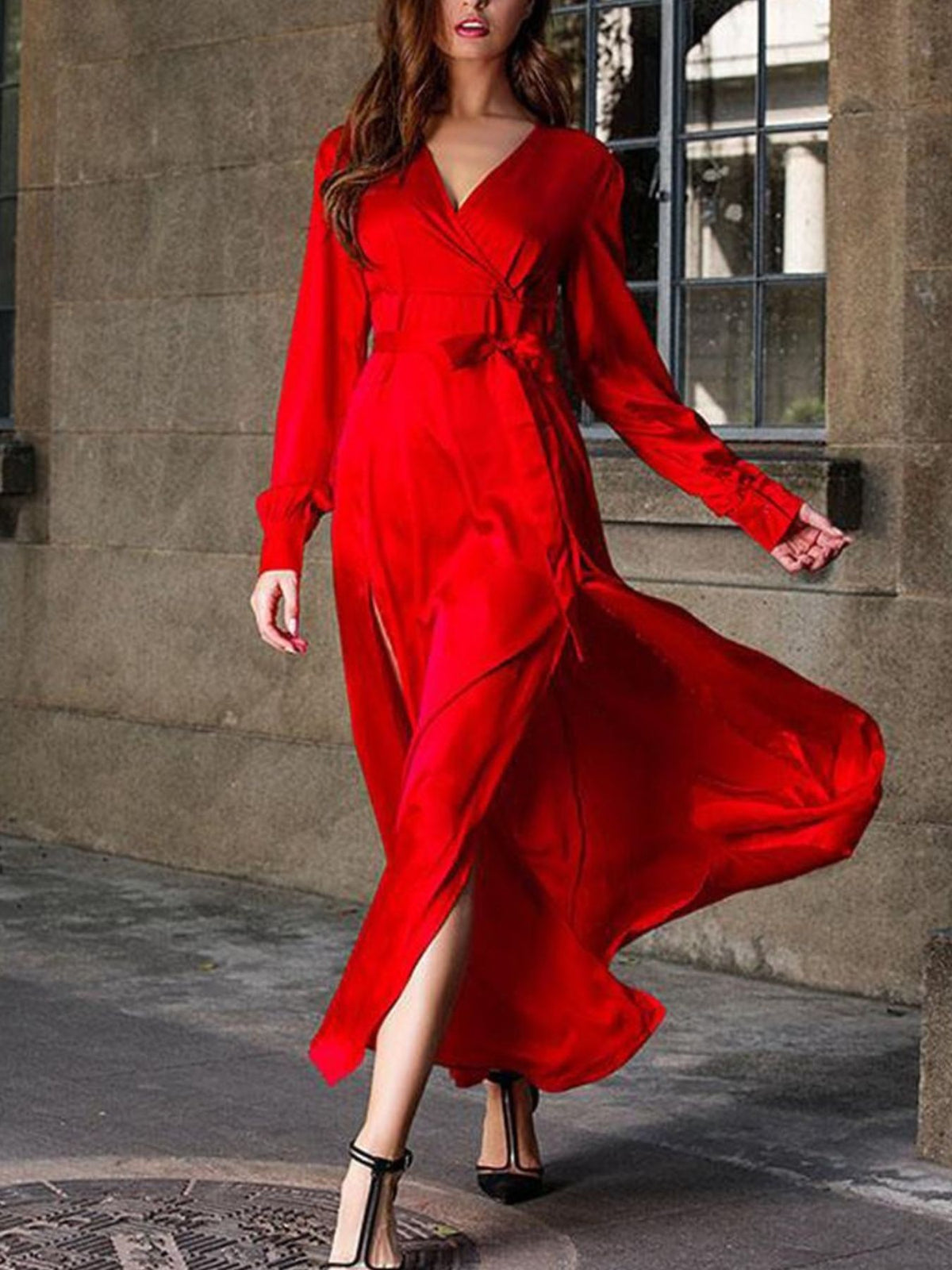 Plus size surplice long sleeve slit maxi dress detail view