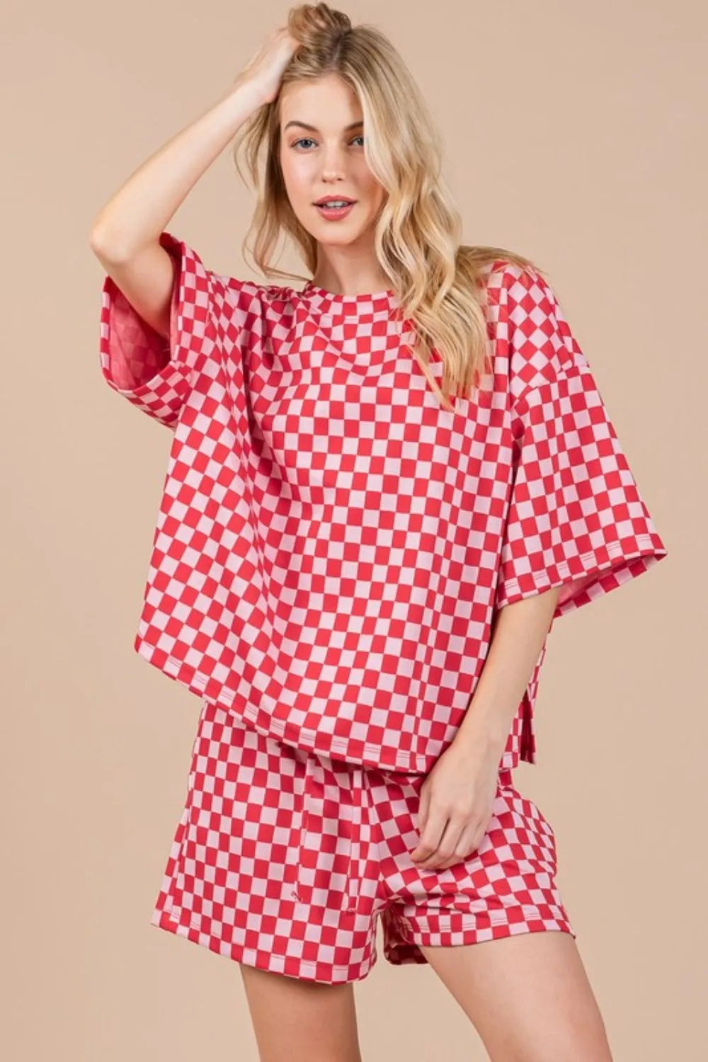 Ces Femme Checkered Round Neck Top and Shorts Set - Fashorio