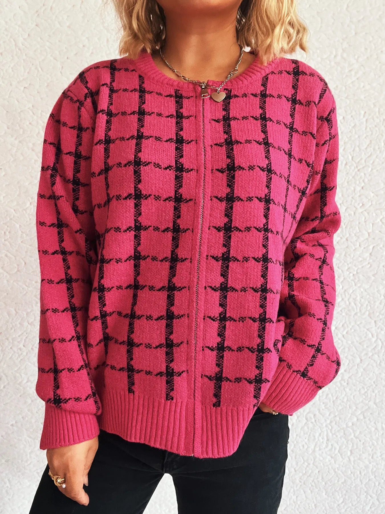 Plaid Pattern Zip Up Cardigan Rose Pink One Size - Fashorio
