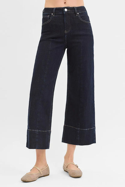 RISEN Tummy Control High Rise Crop Wide Seam Detailed Jeans - Fashorio