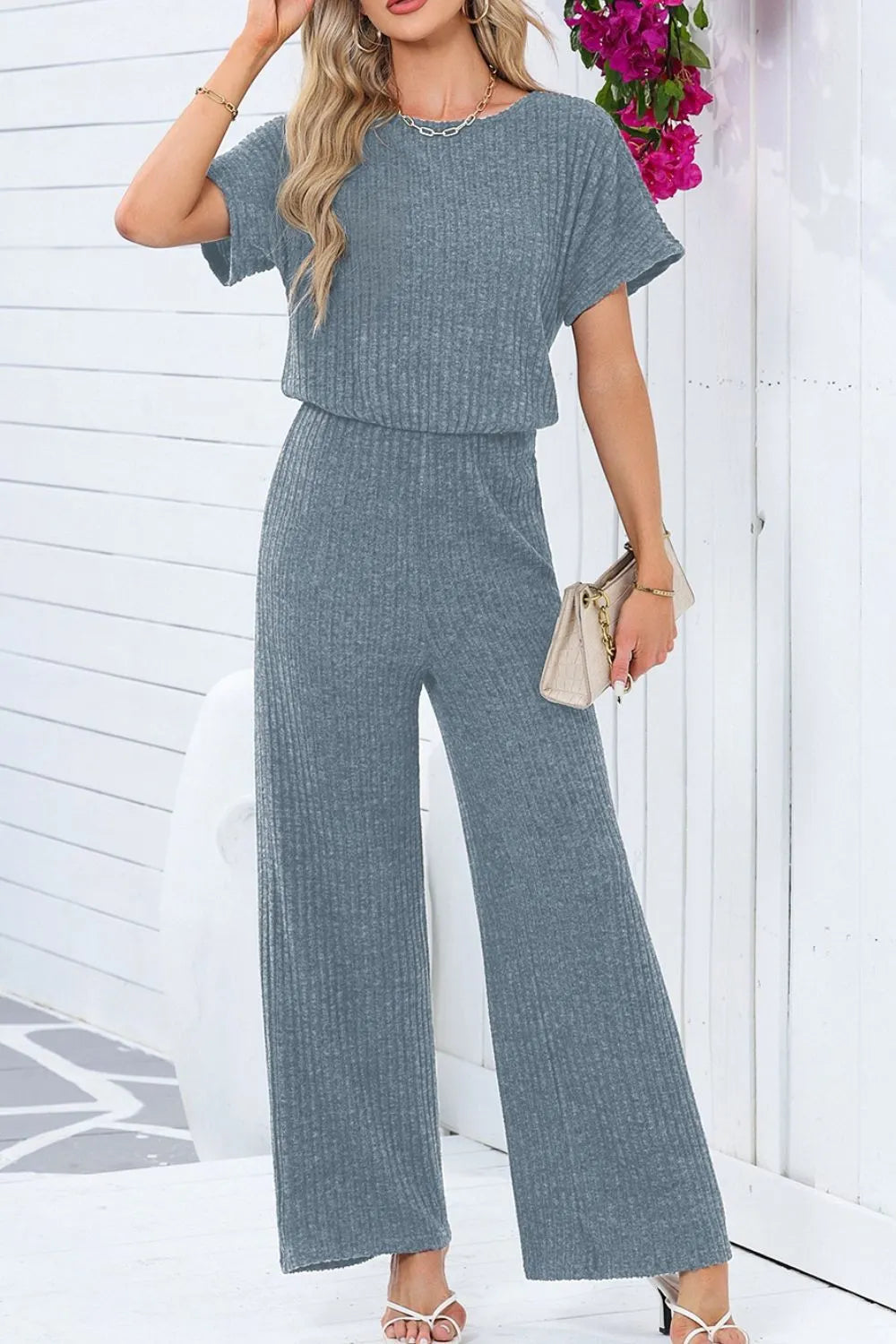 Ribbed Short Sleeve Wide Leg Jumpsuit Dusty Blue - Fashorio