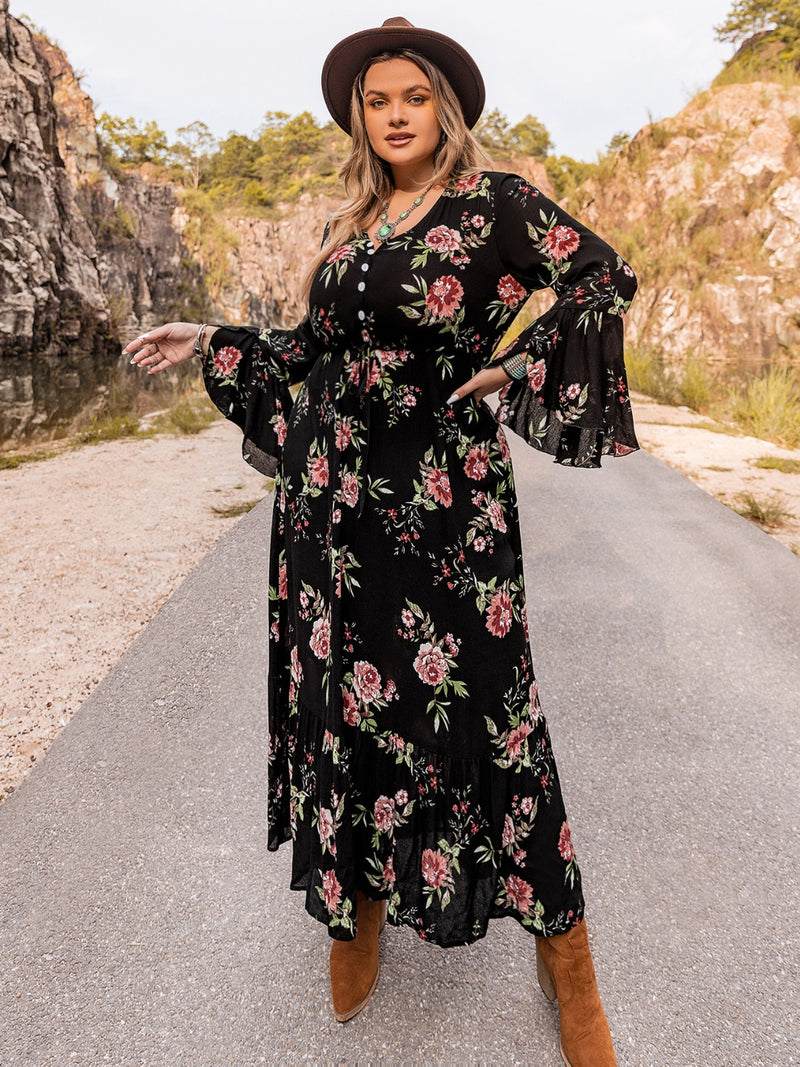 Plus size floral flare sleeve maxi dress in black front view