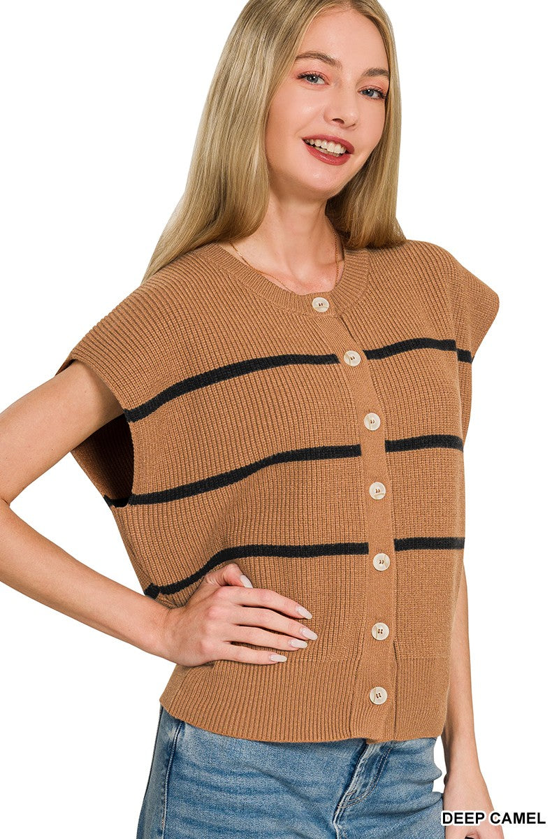 Deep camel striped sweater vest side view