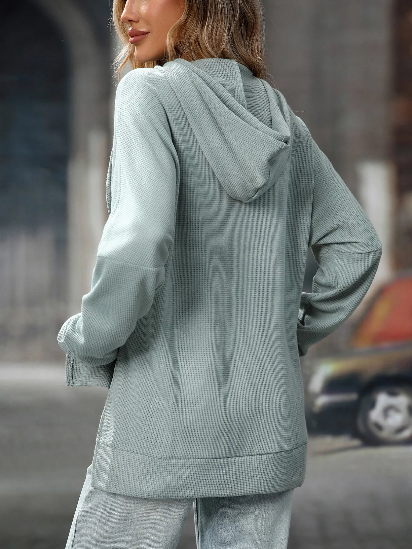 Textured Drawstring Long Sleeve Hoodie - Fashorio