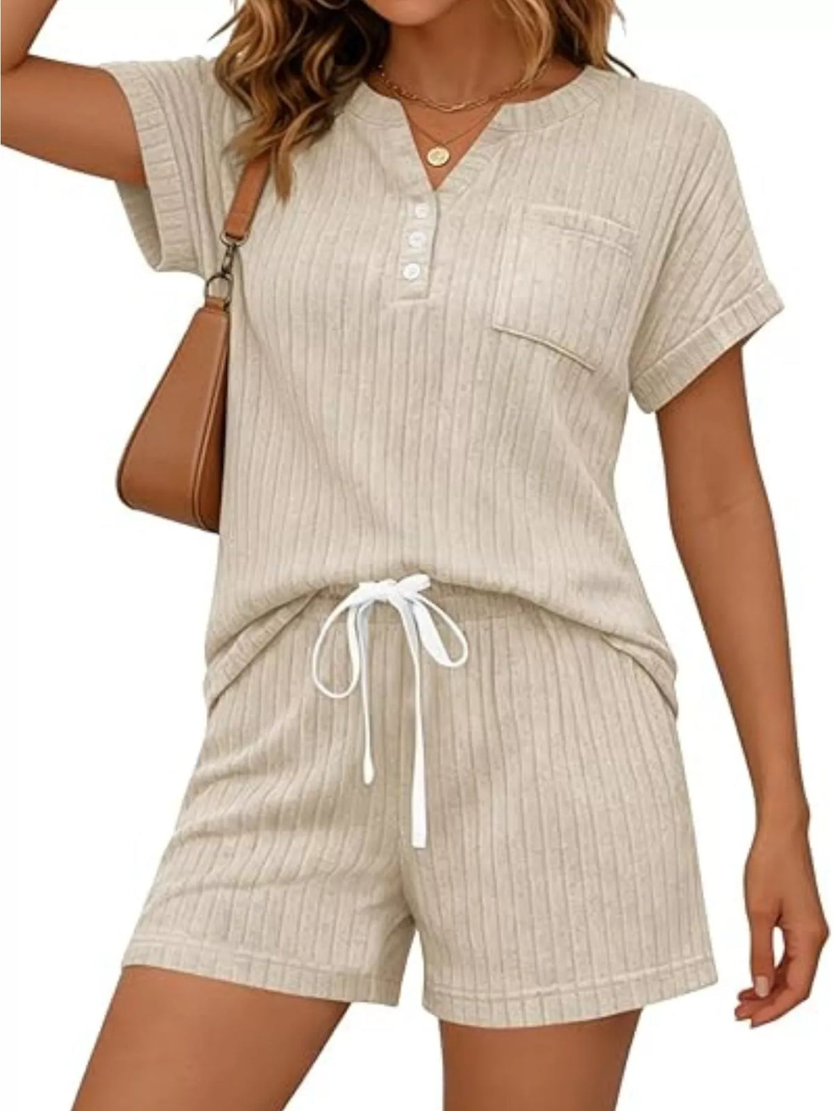 Ribbed knit tee and shorts set styled outfit