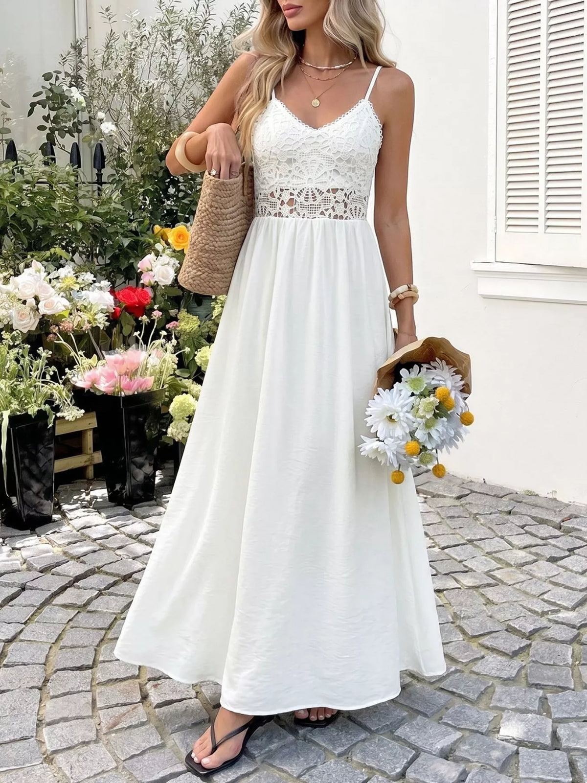 White lace V neck flowy maxi dress front view