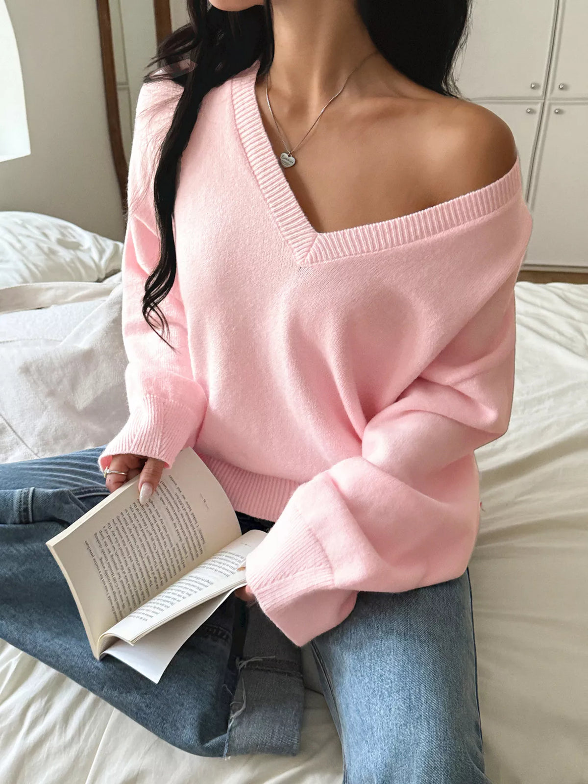 Pastel yellow V neck sweater front view