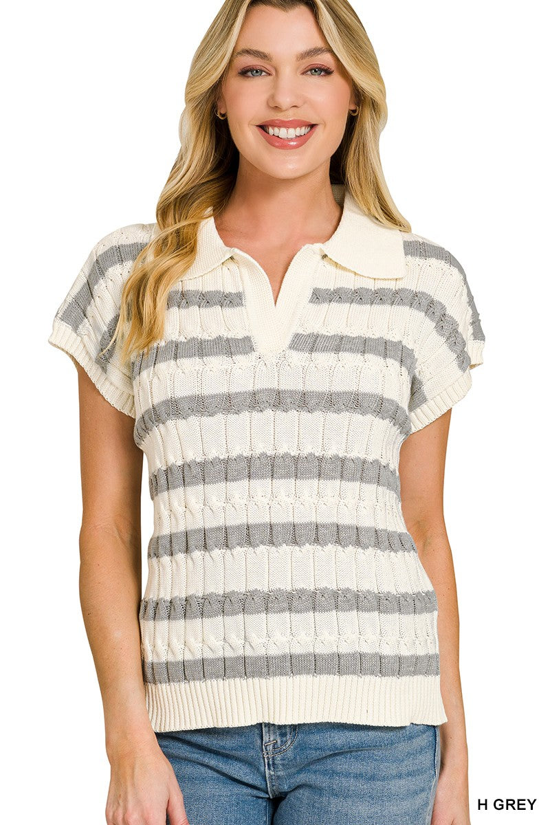 Grey textured stripe collared sweater vest front view