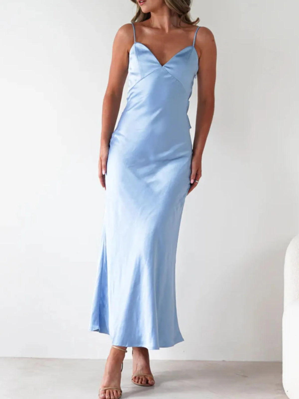 satin backless cami dress three quarter view