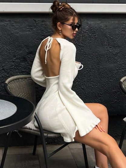 Long Sleeve Backless Sweater Dress - Fashorio