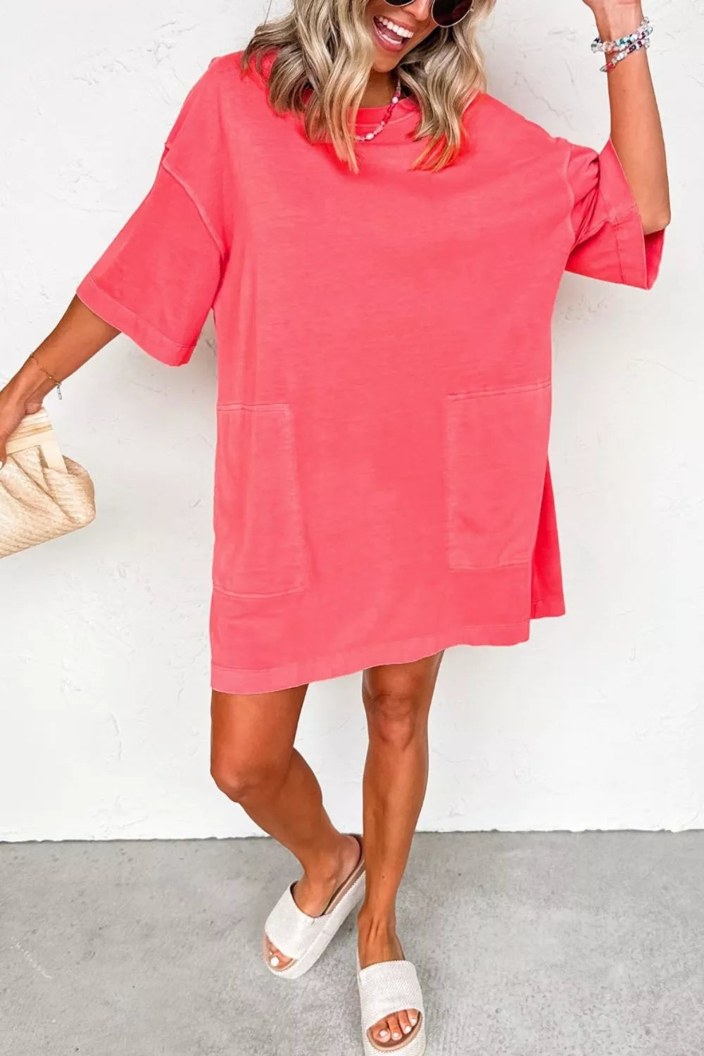 Strawberry coral drop shoulder t shirt mini dress back view