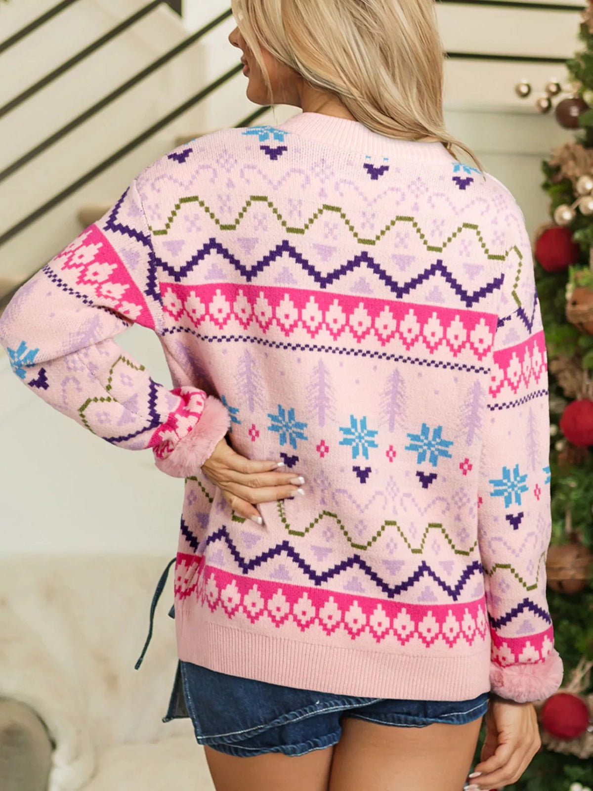blush pink feather cuff patterned knit sweater styled on model