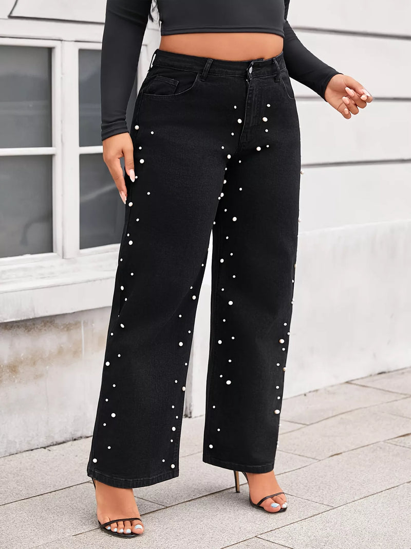 Plus size pearl embellished wide leg jeans front view