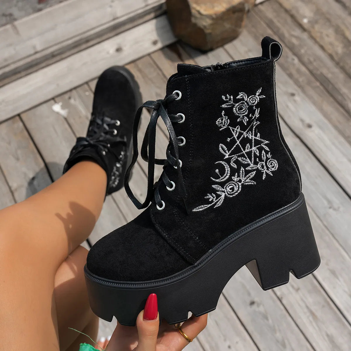 Floral embroidered platform combat boots, side profile