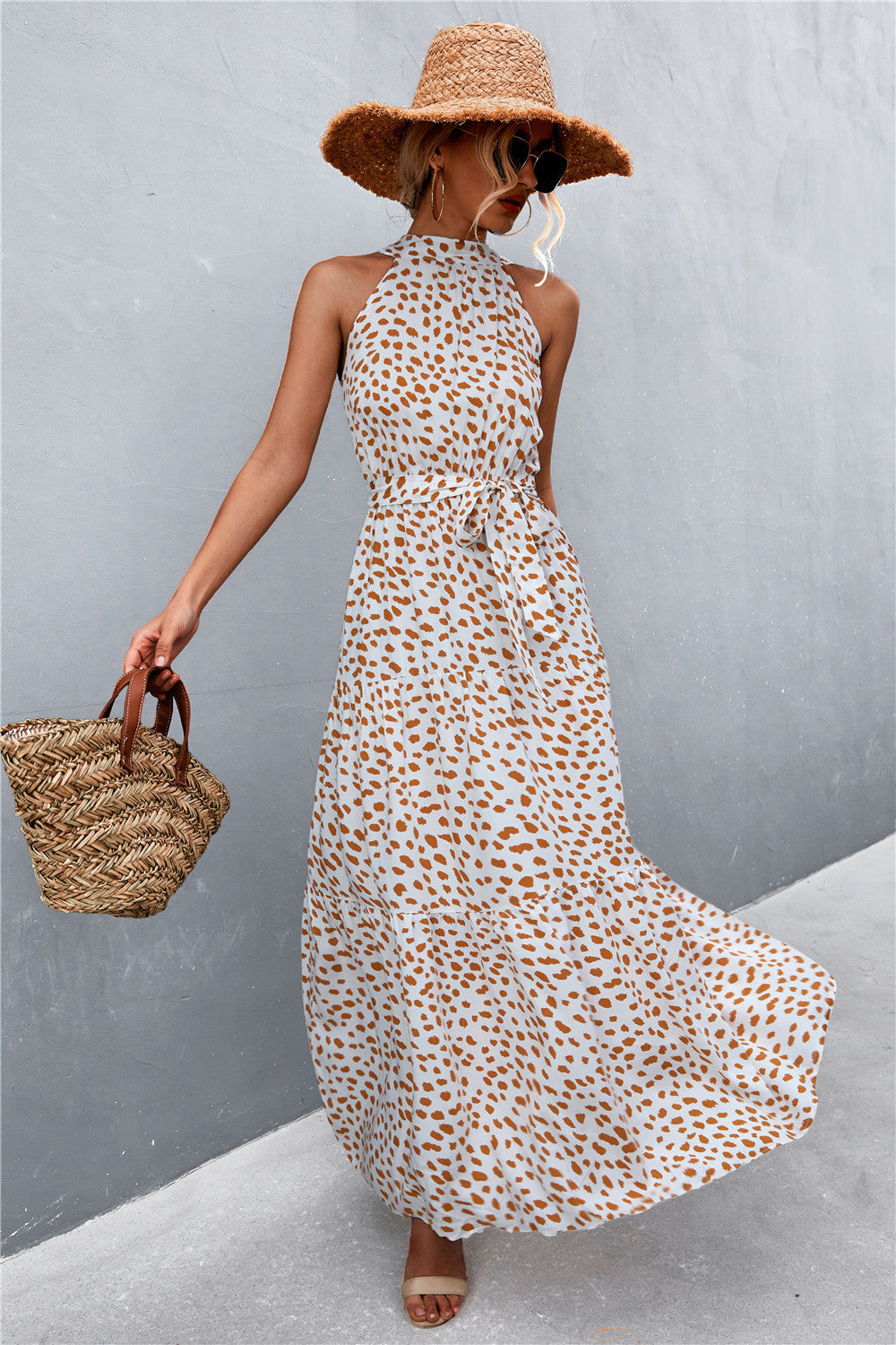 Printed sleeveless tie waist maxi dress front view