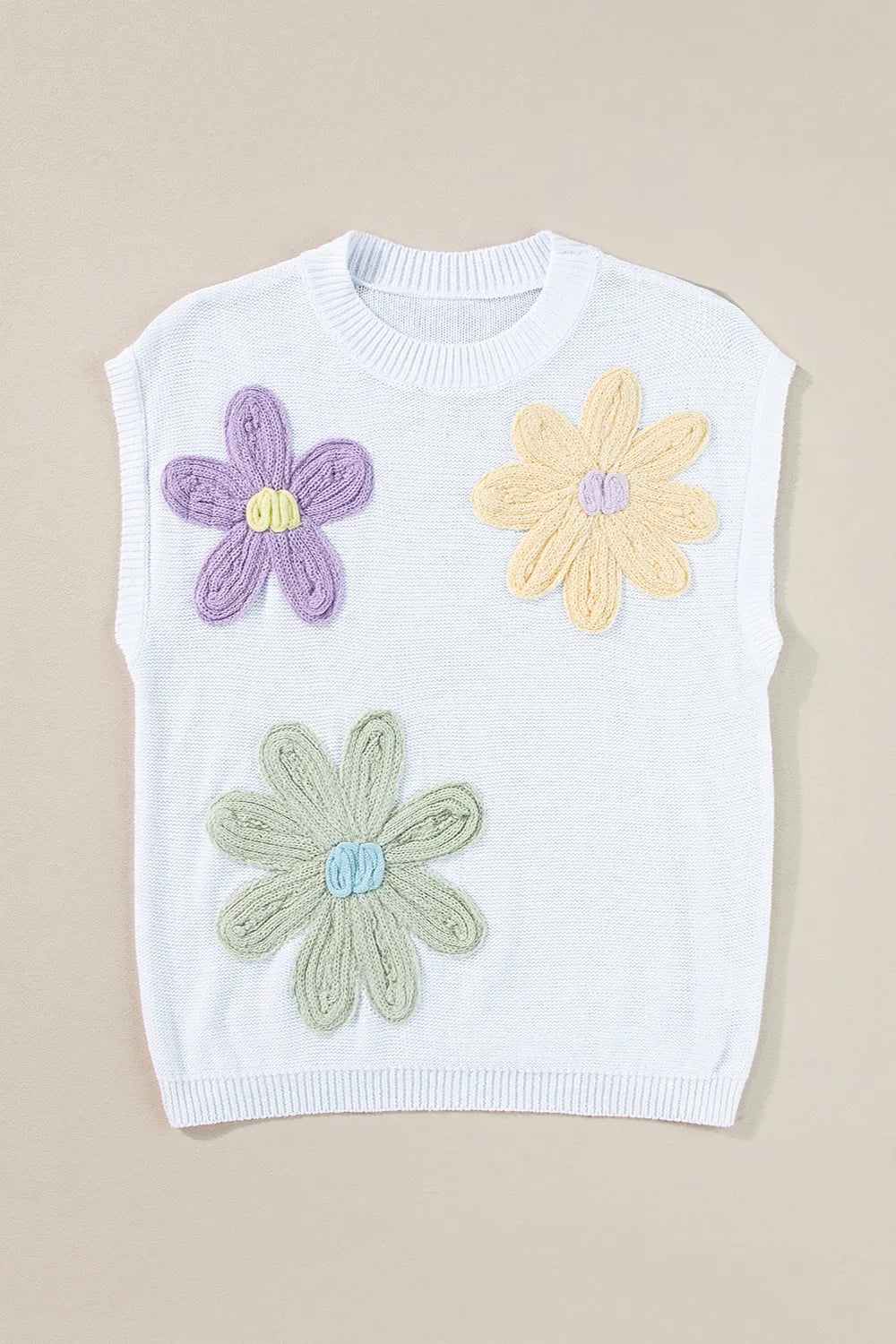 Crochet Flower Round Neck Sweater Vest in White and Dusty Pink on model