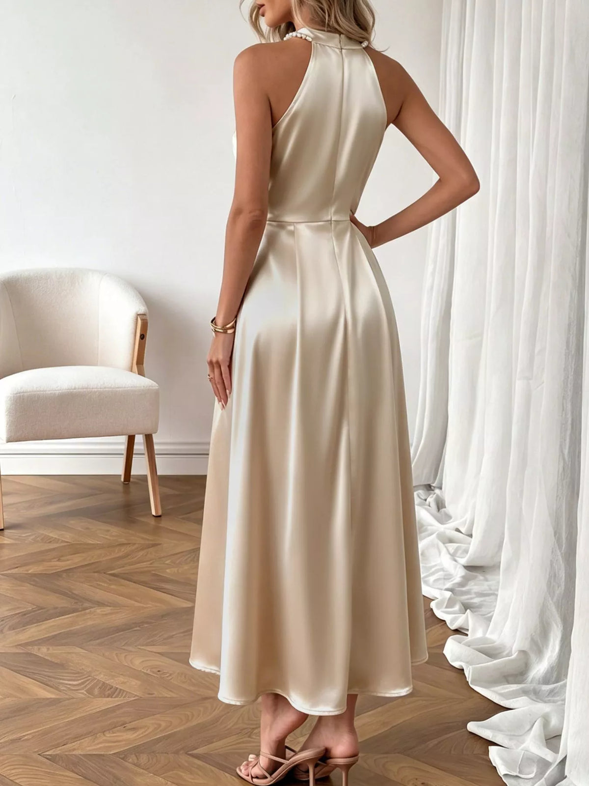 Pearl Halter Satin Midi Dress full length view