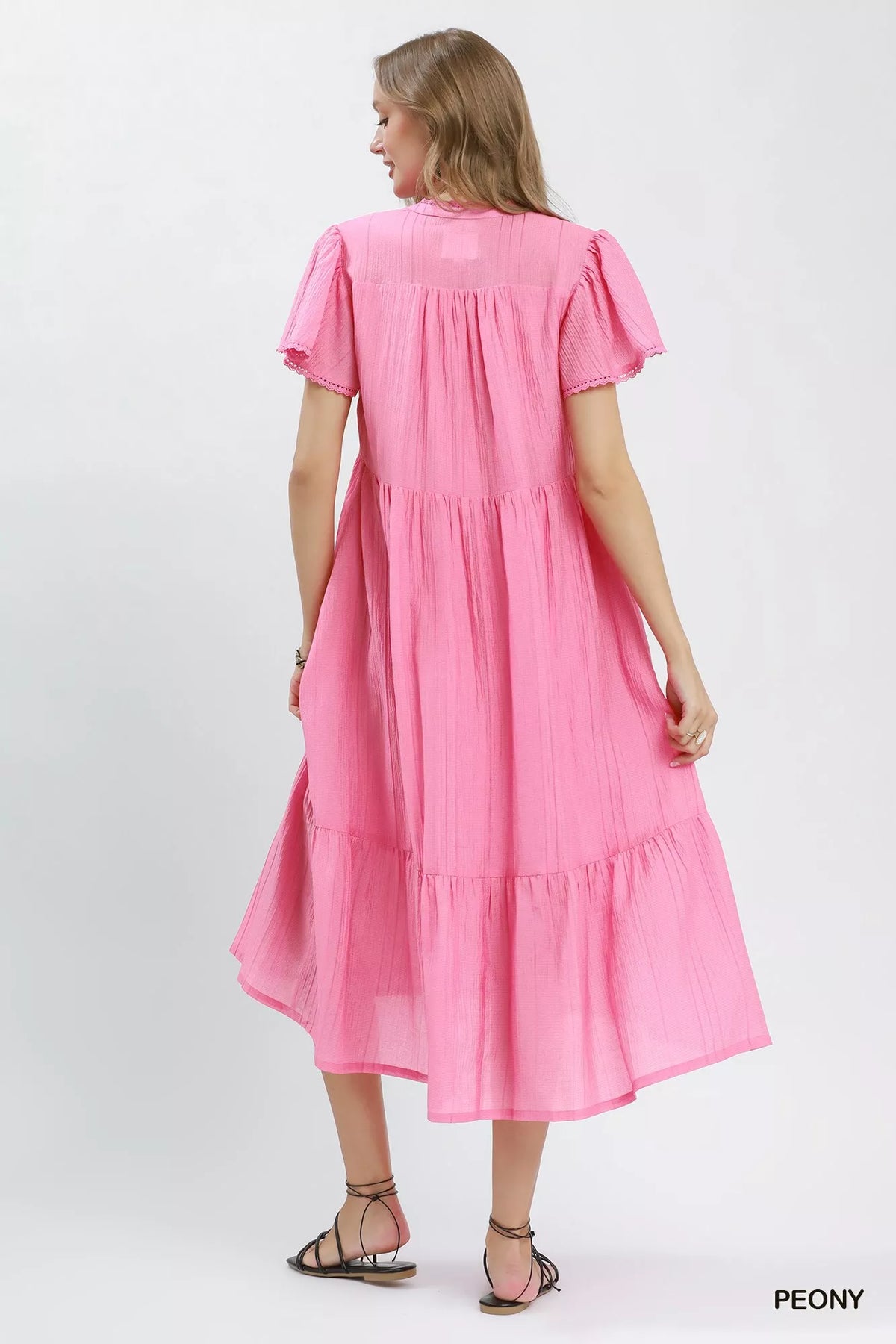 Peony pink textured tiered midi dress back view