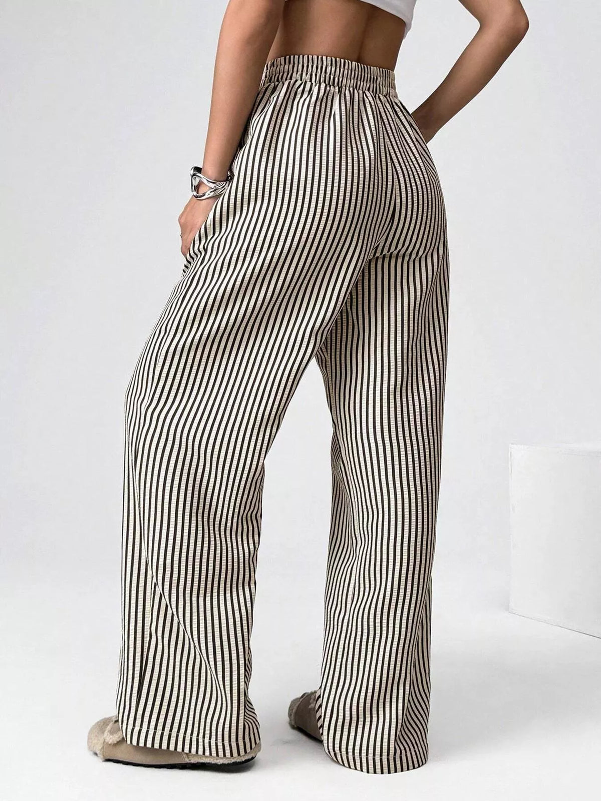 Striped high waist wide leg pants, full length