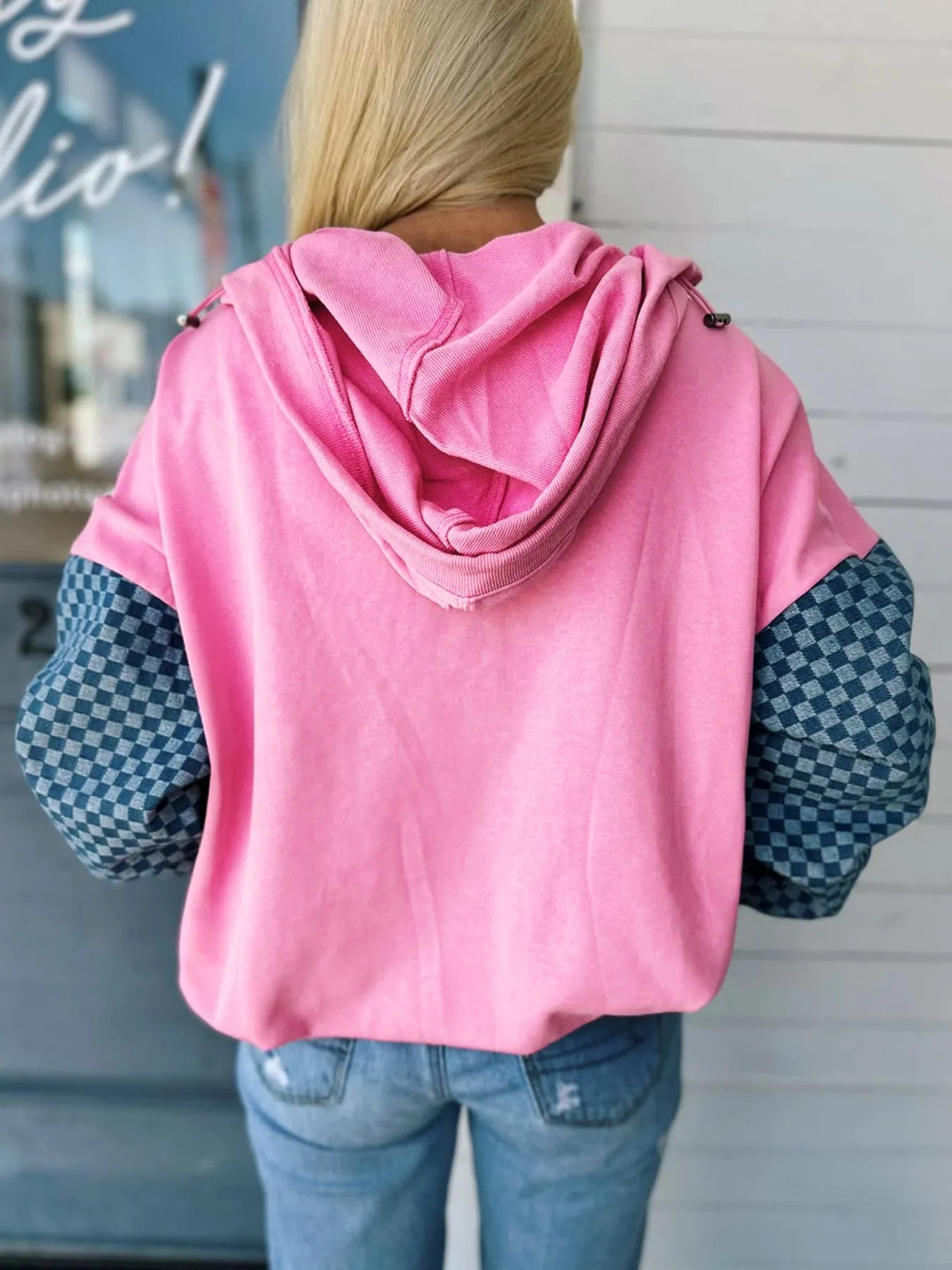 Half Zip Checkered Sleeve Hoodie - Fashorio