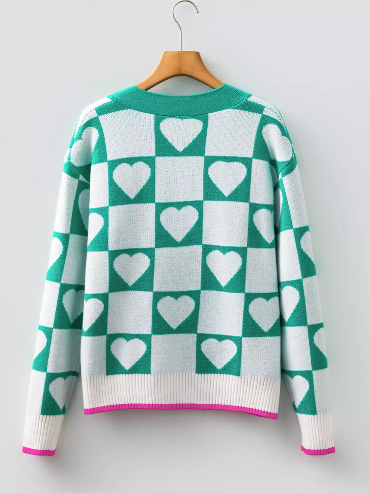 Plaid Heart Knit Button Down Cardigan in Turquoise on model