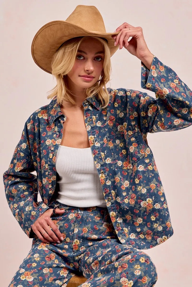 BiBi Washed Floral Print Denim Jacket - Fashorio