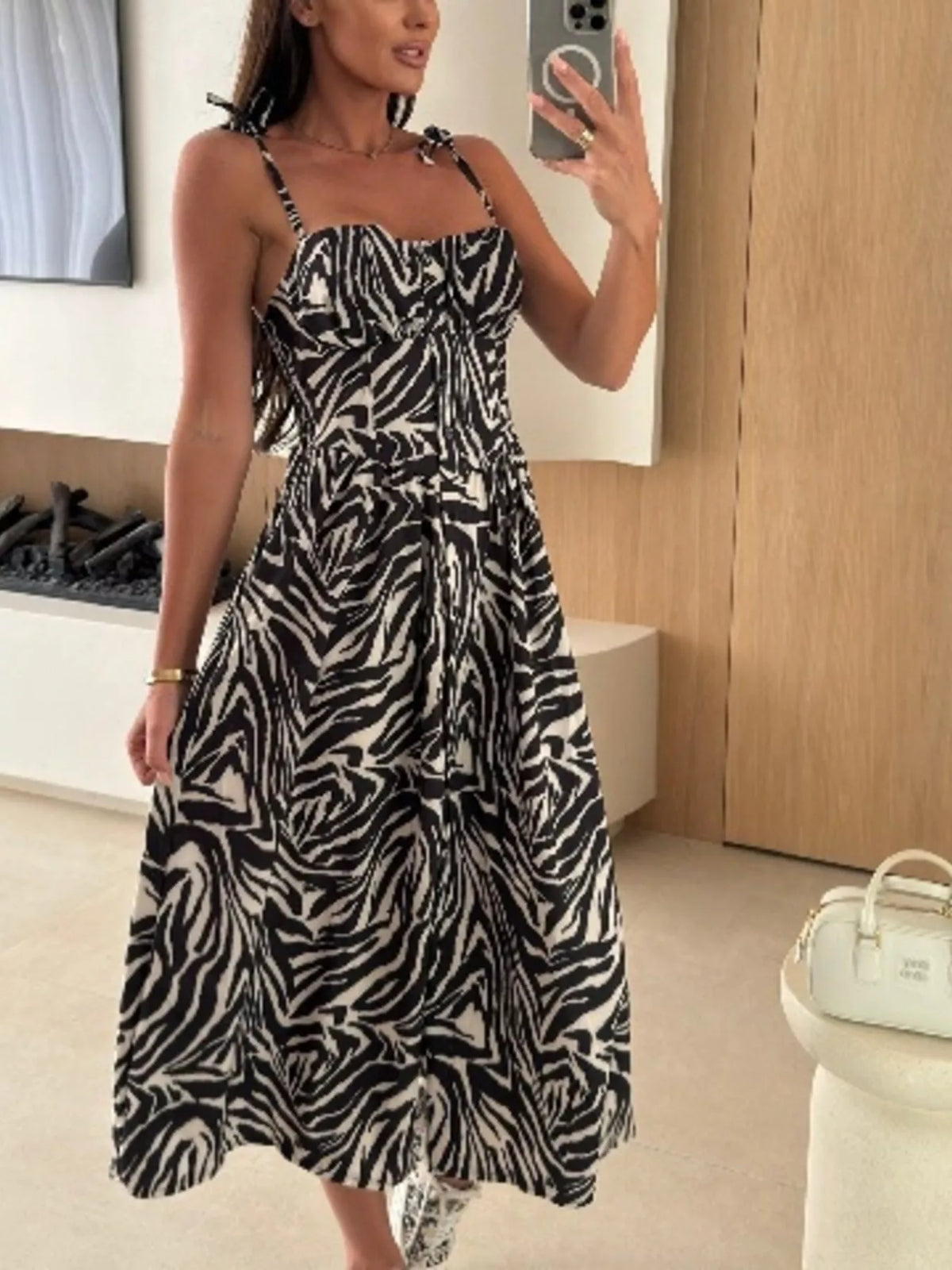 Printed tie strap midi dress flat lay view