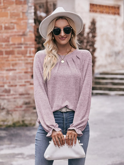 Round Neck Long Sleeve Casual T-Shirt Pink Purple - Fashorio