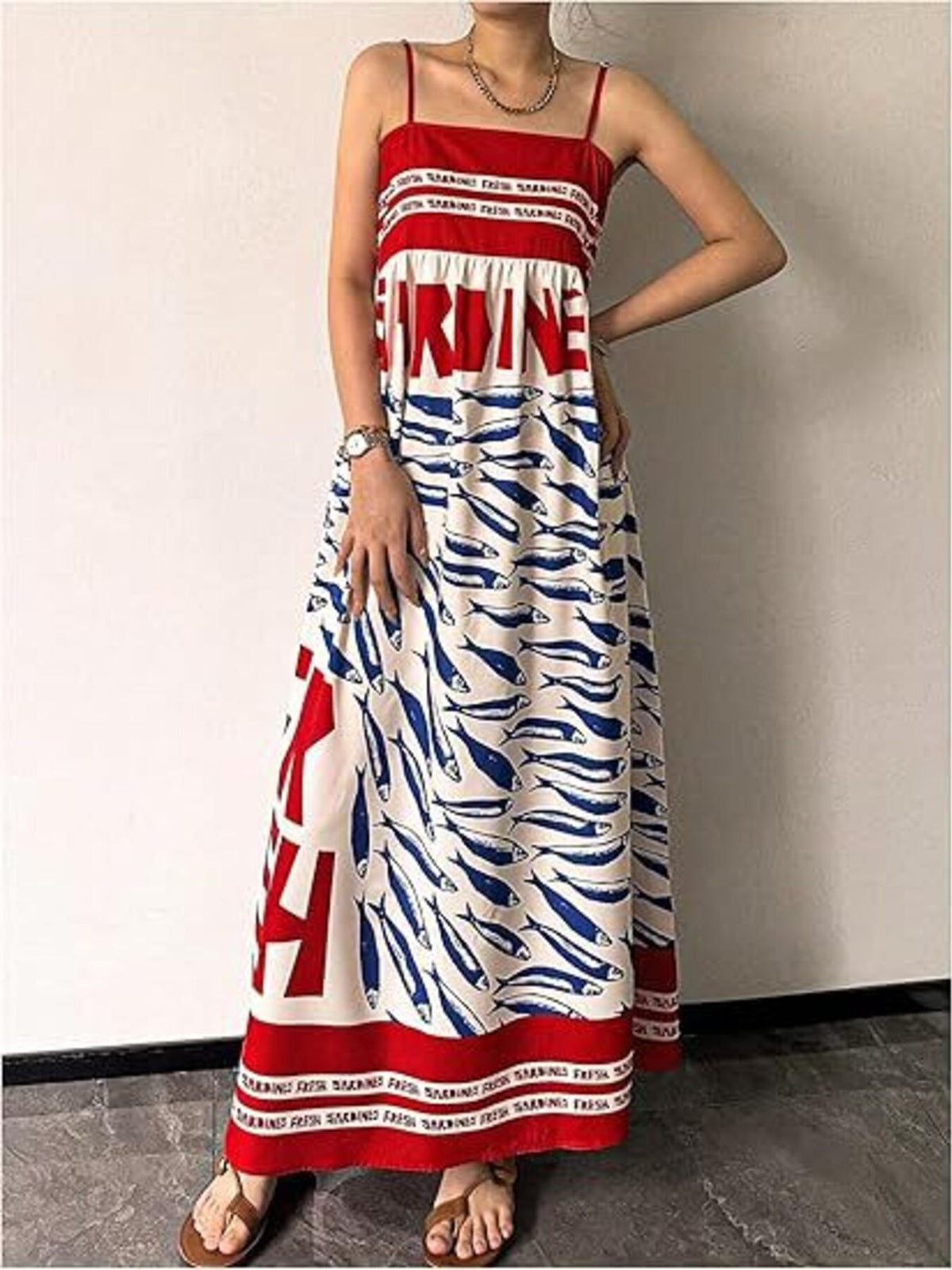Sardine print spaghetti strap maxi dress front view