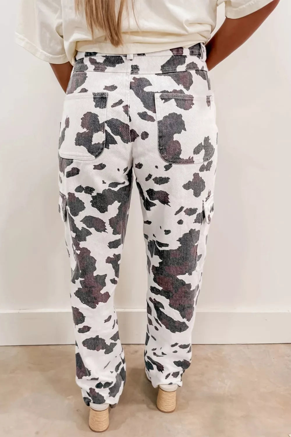Printed denim side profile with multiple pockets