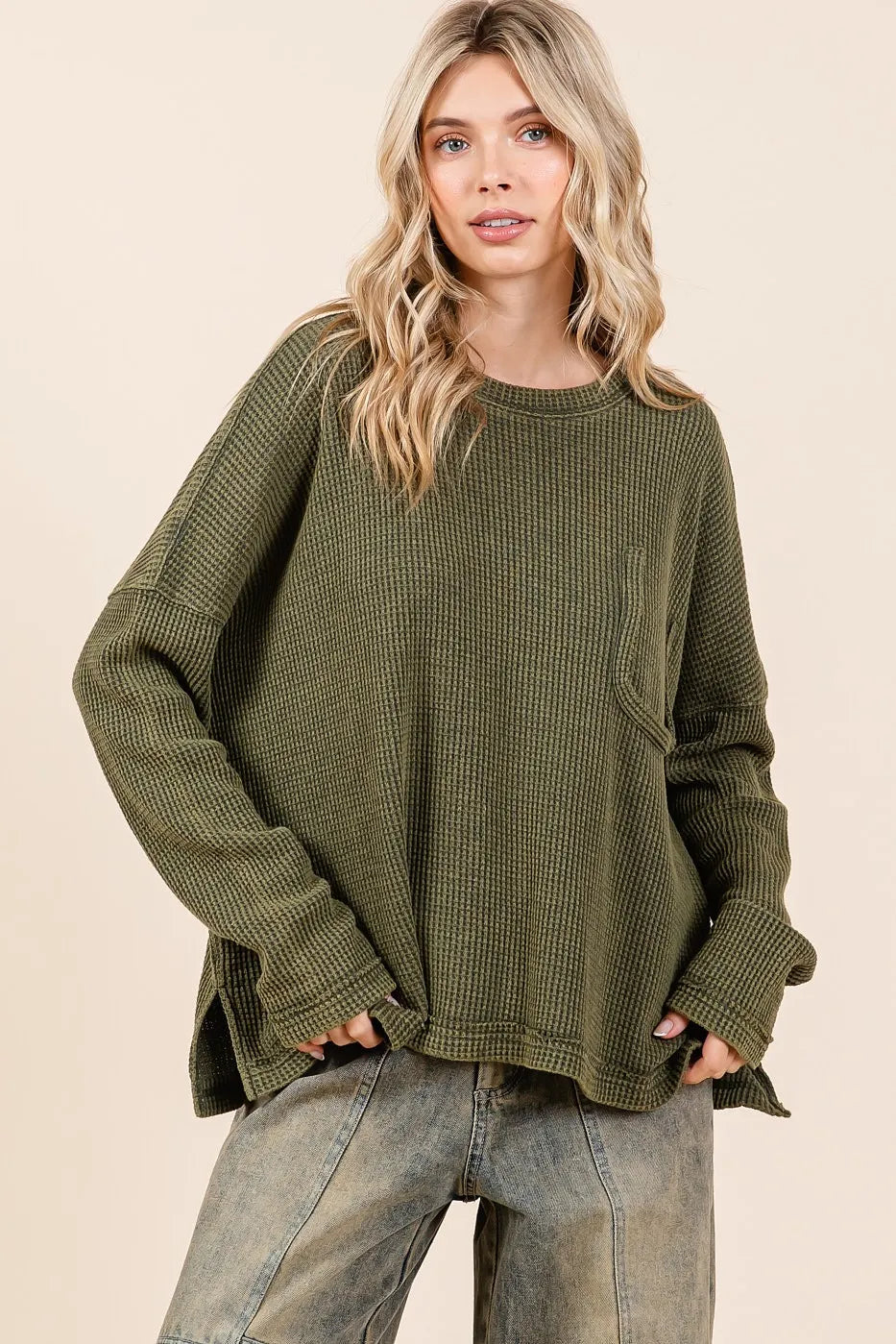 Mittoshop Mineral Wash Cutout Pocket Long Sleeve Waffle Top - Fashorio