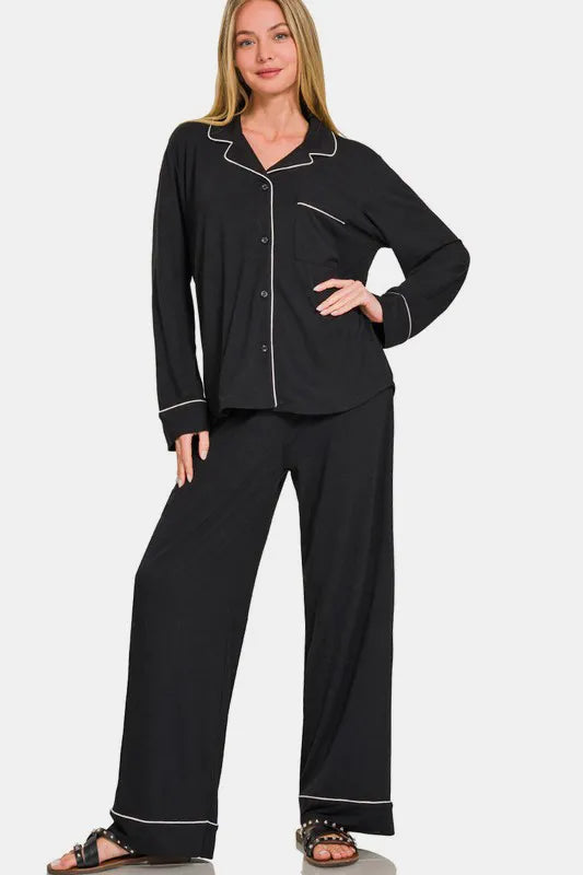 Zenana Button Down Long Sleeve Top and Pants Lounge Set - Fashorio