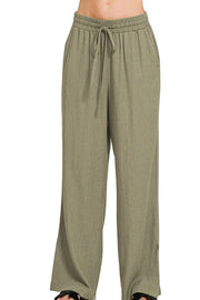 Zenana Linen Drawstring Pants LT OLIVE - Fashorio