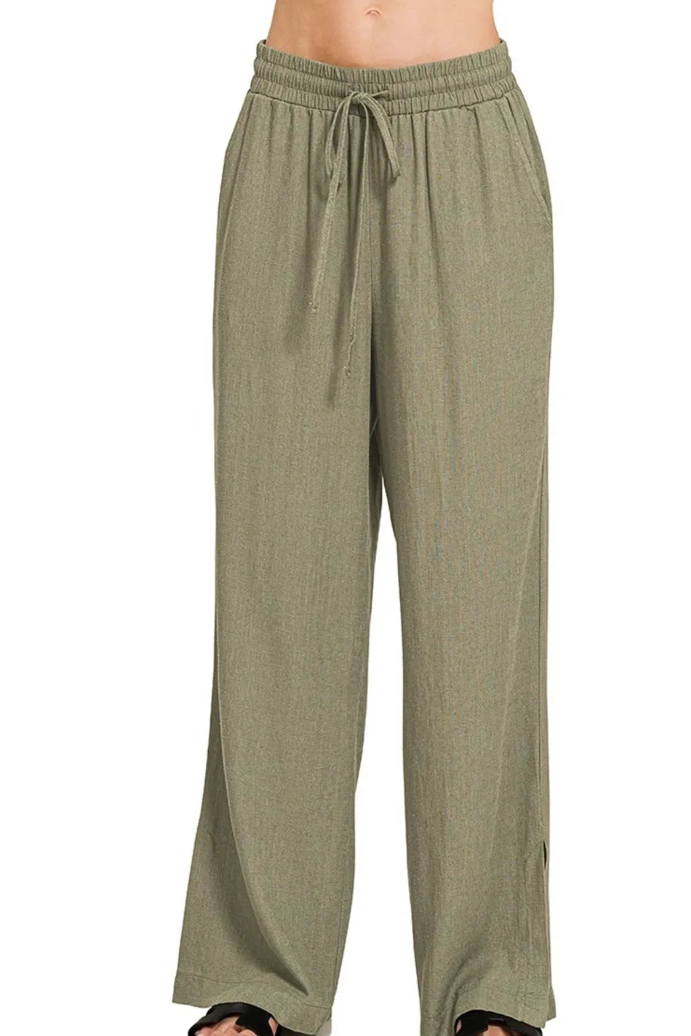 Zenana Linen Drawstring Pants LT OLIVE - Fashorio