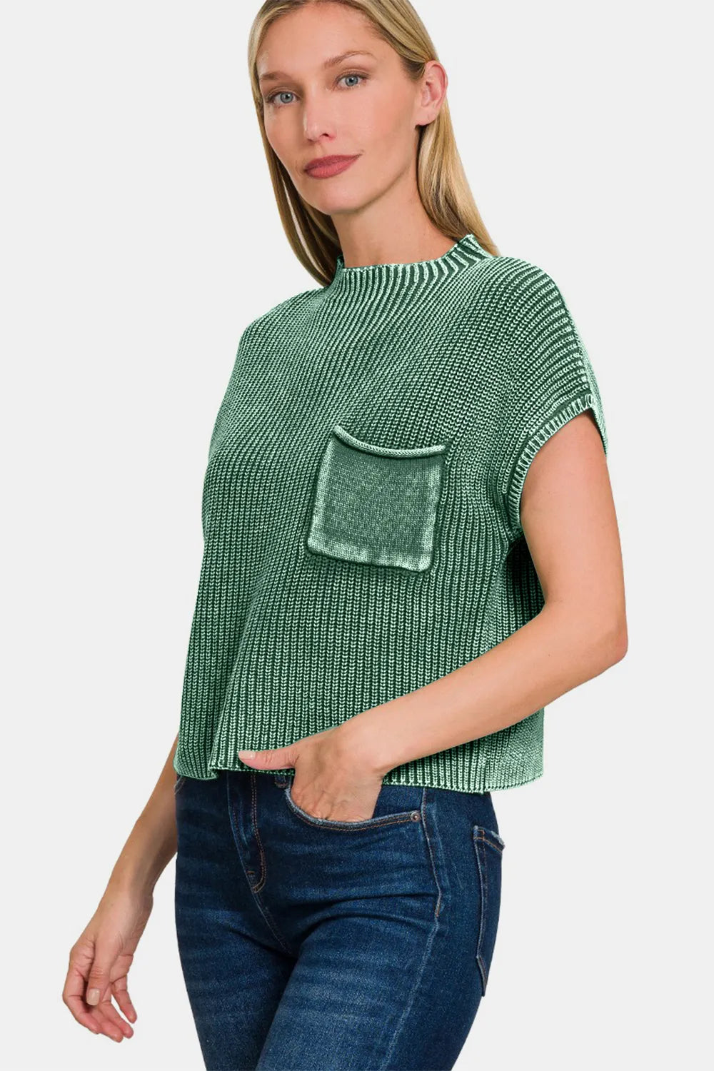 Washed Mock Neck Short Sleeve Cropped Sweater in Dark Green side view