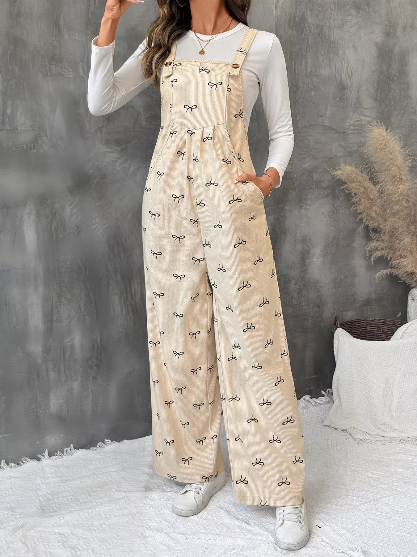 Bow Wide Leg Corduroy Overalls - Fashorio