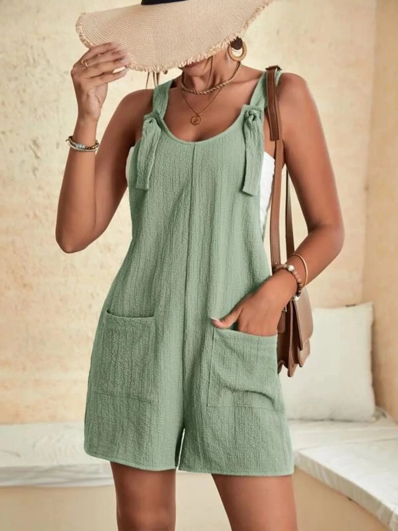 Full Size Knot Strap Romper with Pockets Plus Size - Fashorio